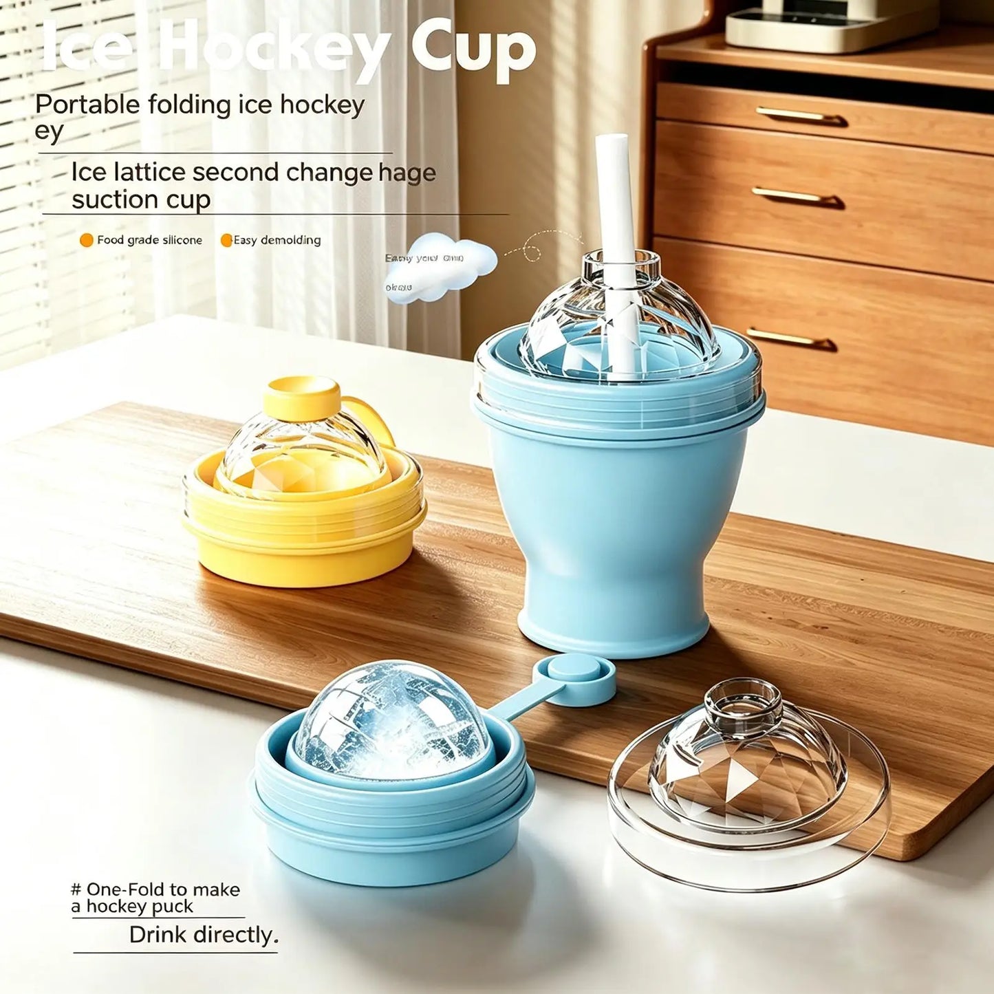 2 in 1 Ice Ball Maker Cup Foldable Leakproof Water Bottle With Straw Lid Silicone Ice Mold Portable