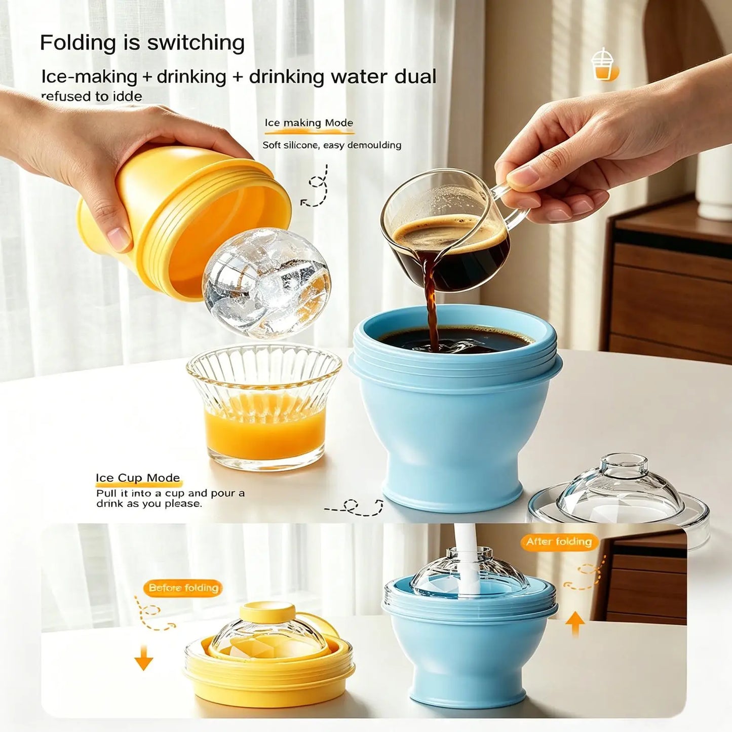 2 in 1 Ice Ball Maker Cup Foldable Leakproof Water Bottle With Straw Lid Silicone Ice Mold Portable