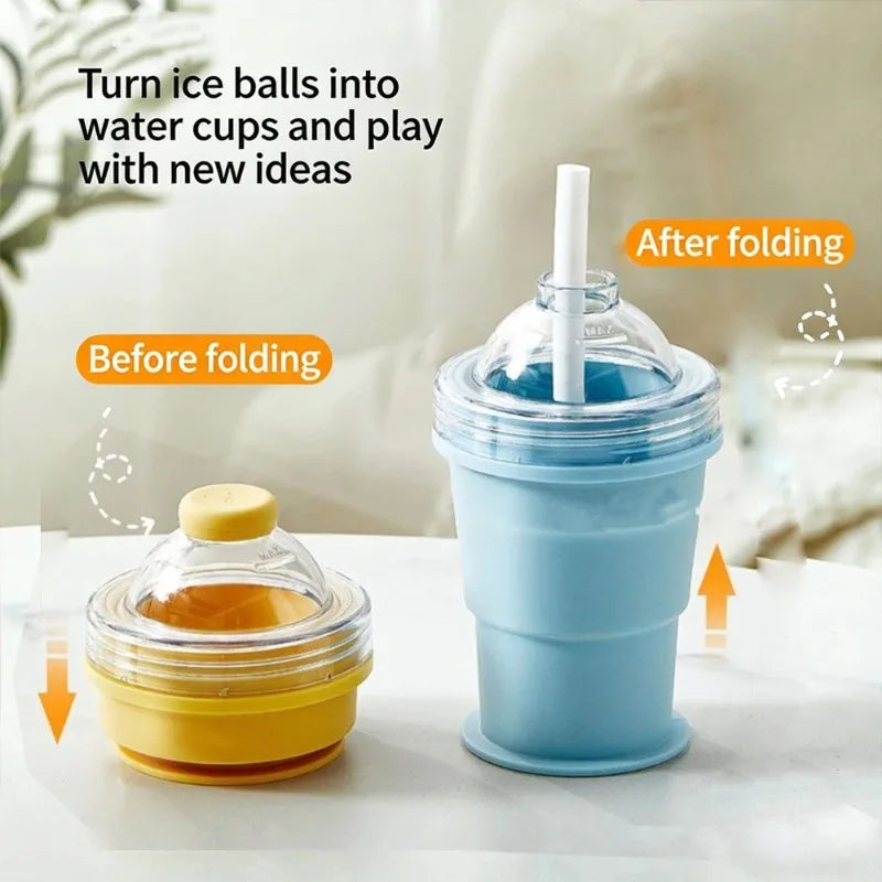 Silicone Foldable Ice Ball Cup 2-in-1 Ice Maker & Drinking Cup, Portable Multi-Function Travel Tumbler for Summer Outdoor