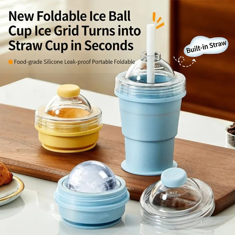 Silicone Foldable Ice Ball Cup 2-in-1 Ice Maker & Drinking Cup, Portable Multi-Function Travel Tumbler for Summer Outdoor